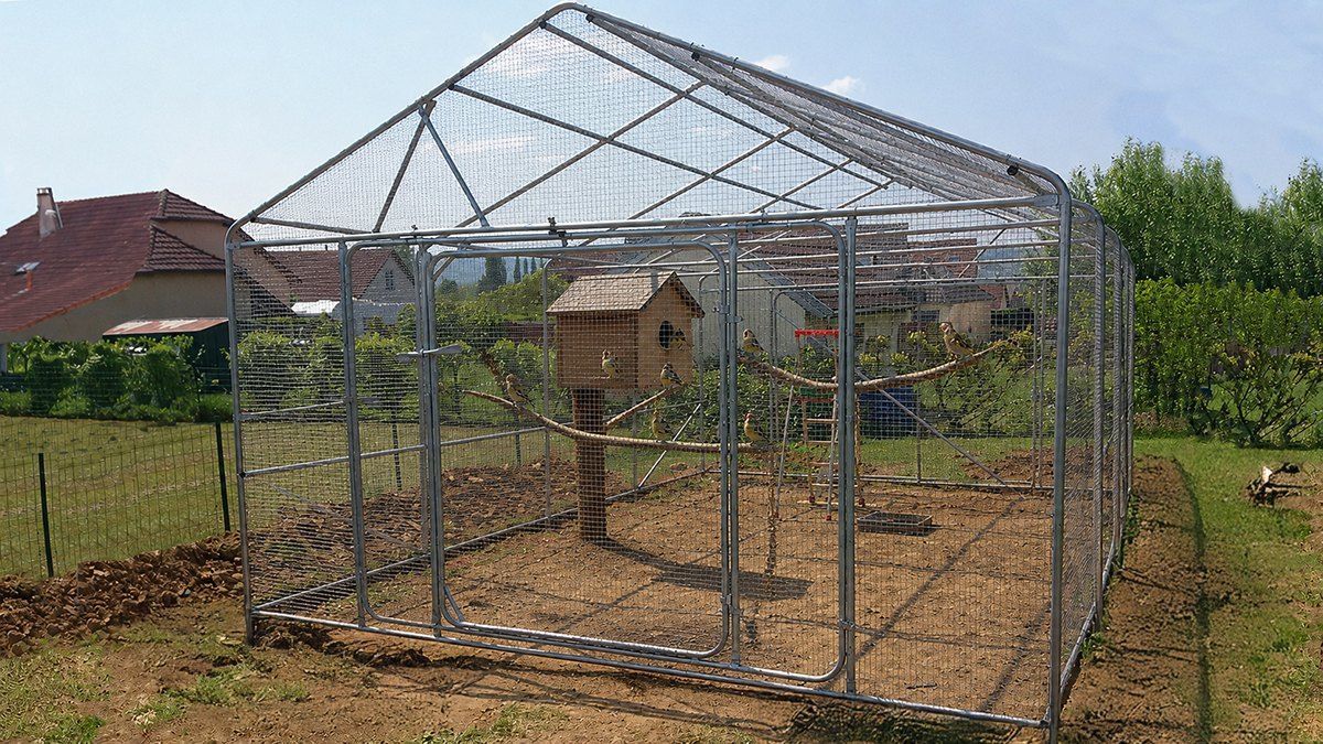 Armature de poulailler volière installée dans un jardin